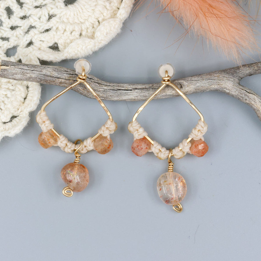 handmade gold fill and sunstone macrame earrings overhead view