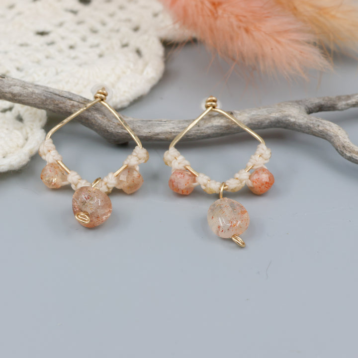 handmade gold fill and sunstone macrame earrings overhead details