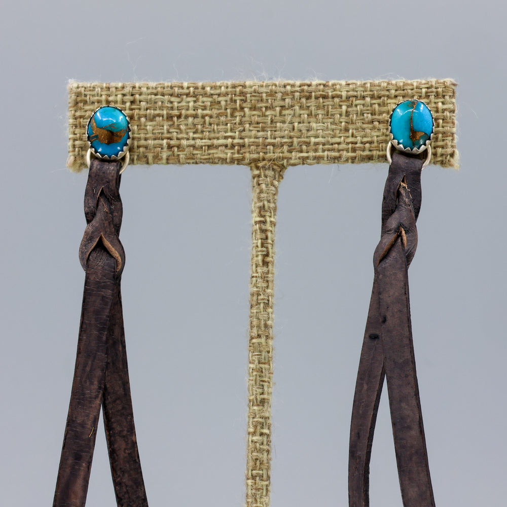 handmade turquoise earrings with distressed black leather fringe
