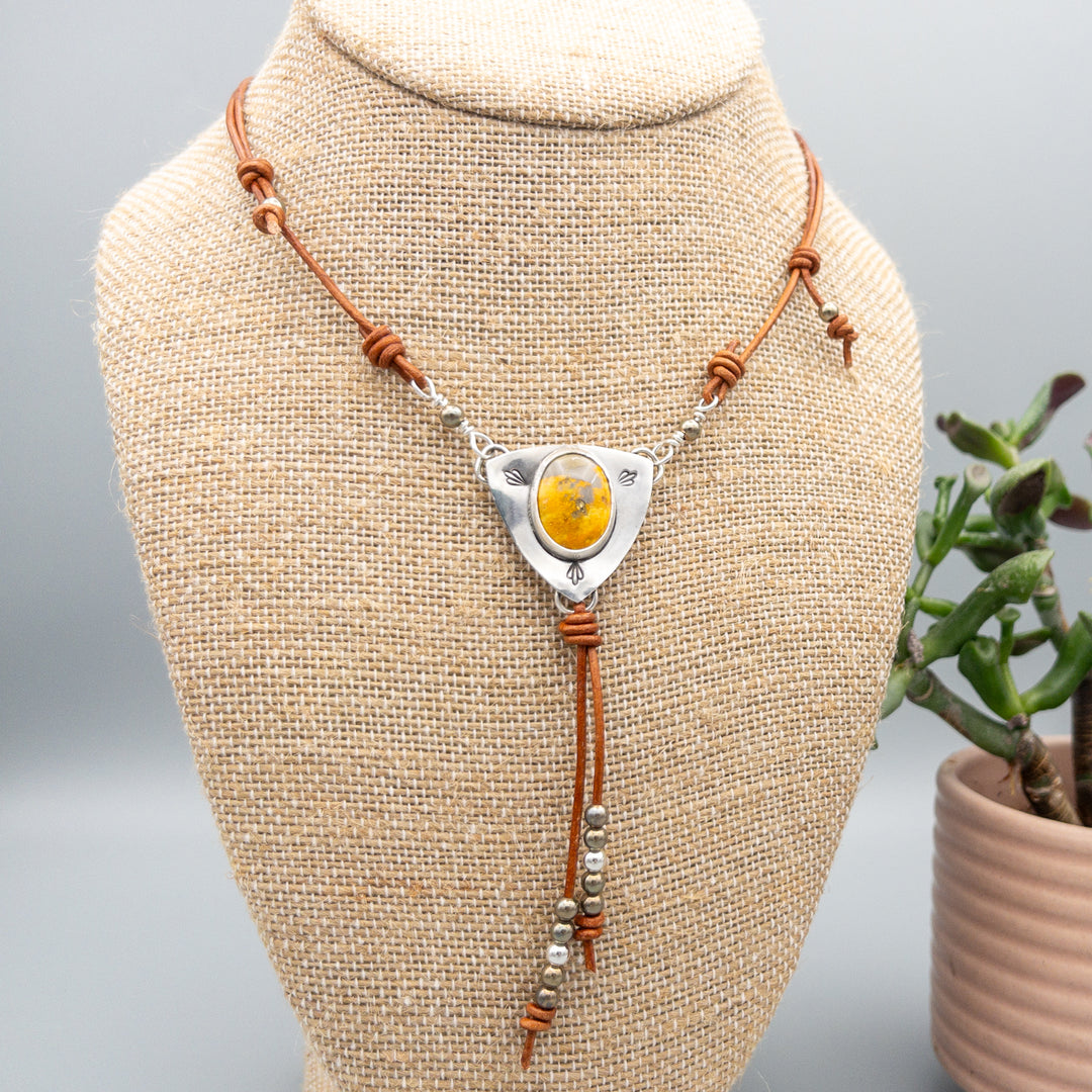 bumblebee jasper sterling silver pendant with leather necklace and fringe