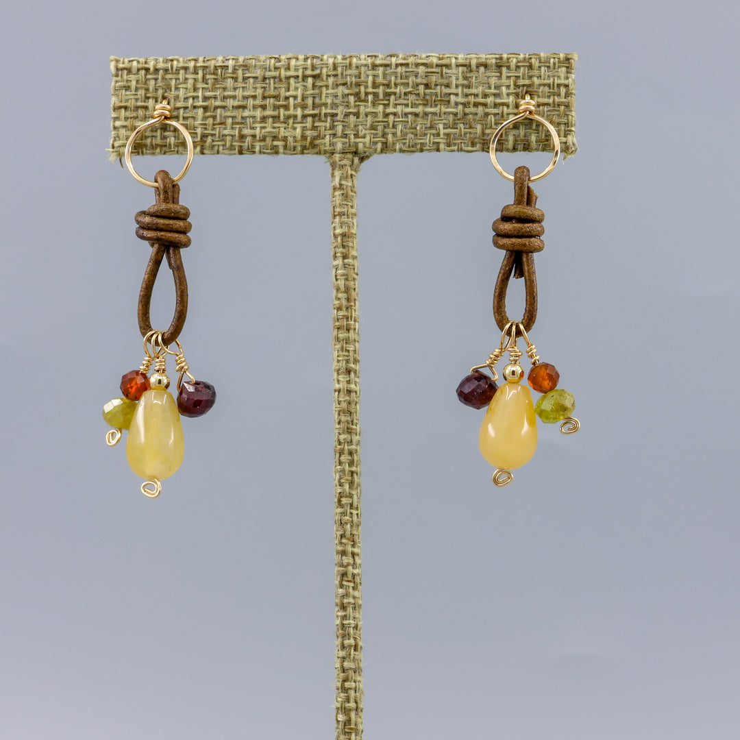 gemstone charm earrings with leather and gold fill handmade
