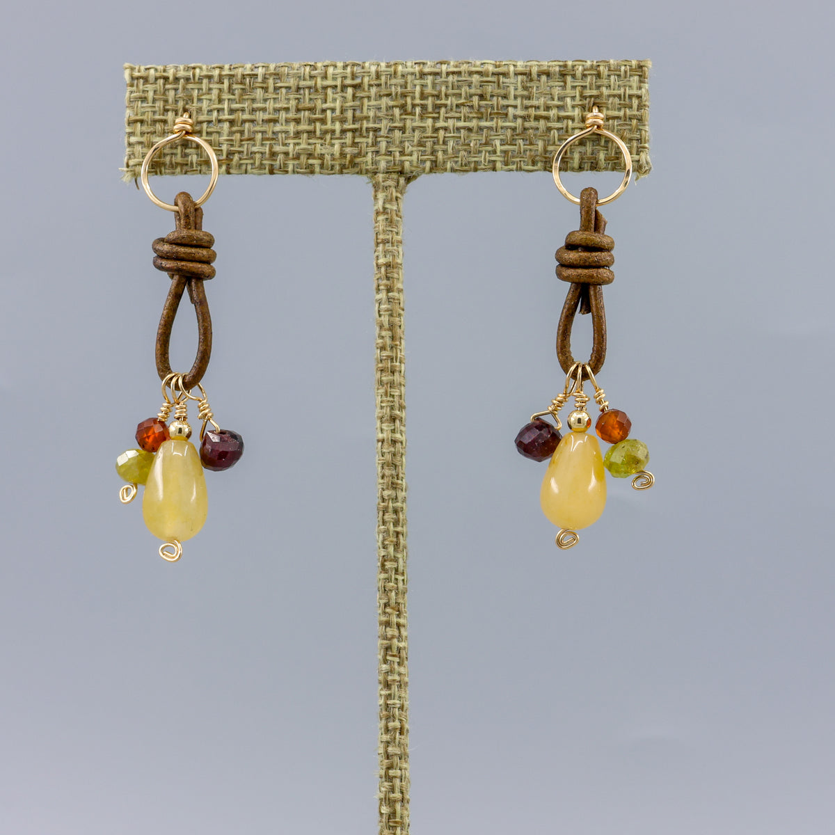 gemstone charm earrings with leather and gold fill handmade