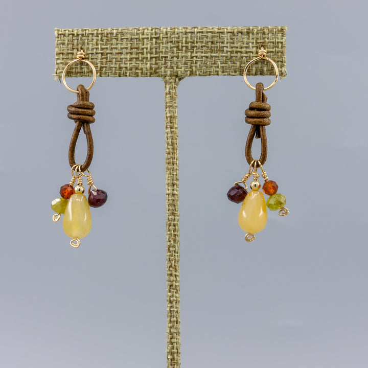 gemstone charm earrings with leather and gold fill handmade