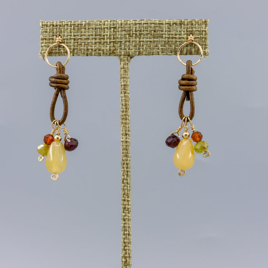 gemstone charm earrings with leather and gold fill handmade