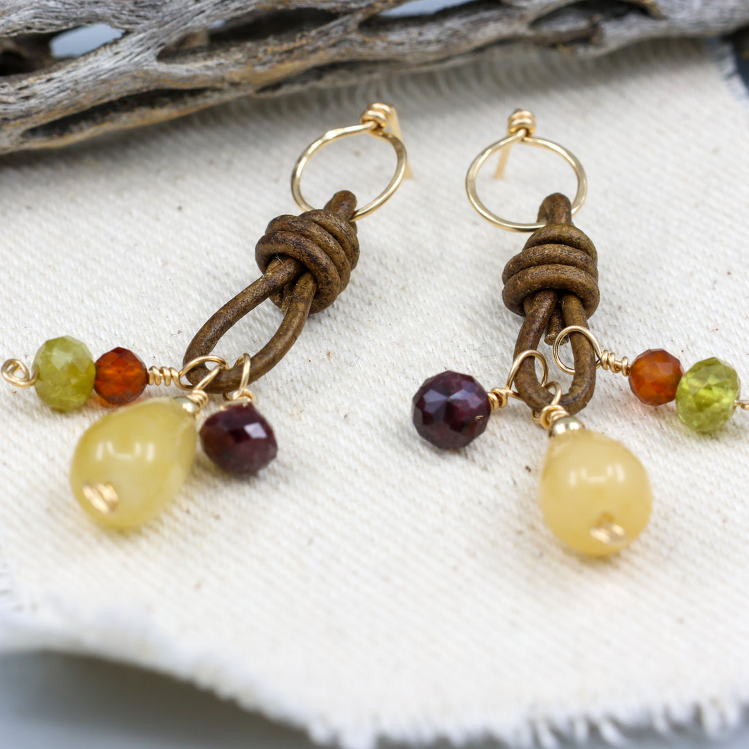 handmade gemstone charm earrings with leather and gold fill