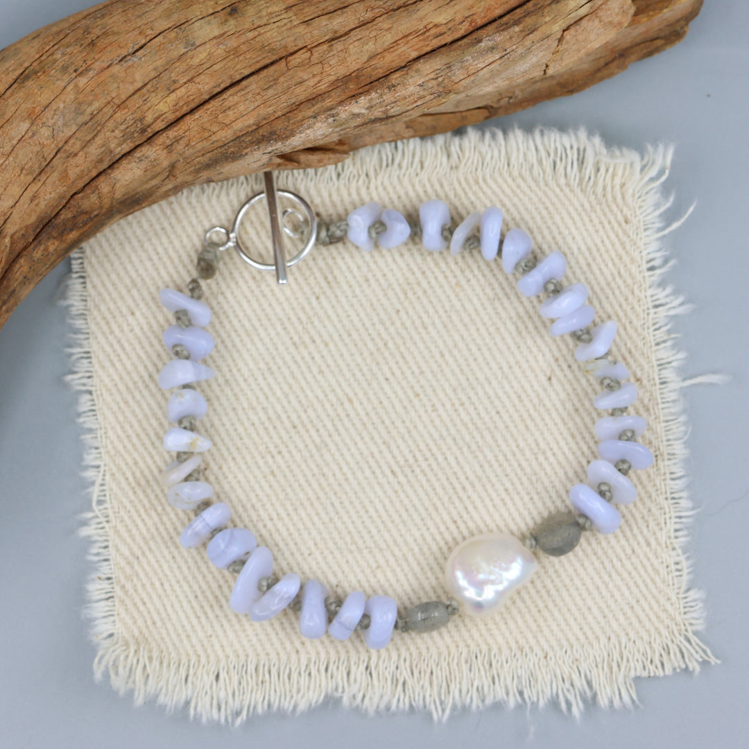 Blue Lace Agate, Freshwater Pearl Hand-Knotted Bracelet