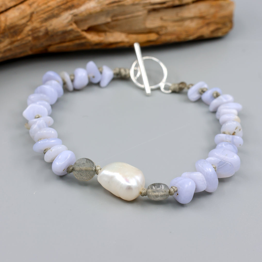 Blue Lace Agate, Freshwater Pearl Hand-Knotted Bracelet