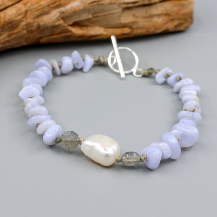 Blue Lace Agate, Freshwater Pearl Hand-Knotted Bracelet