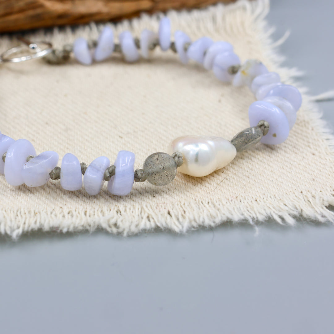 Blue Lace Agate, Freshwater Pearl Hand-Knotted Bracelet