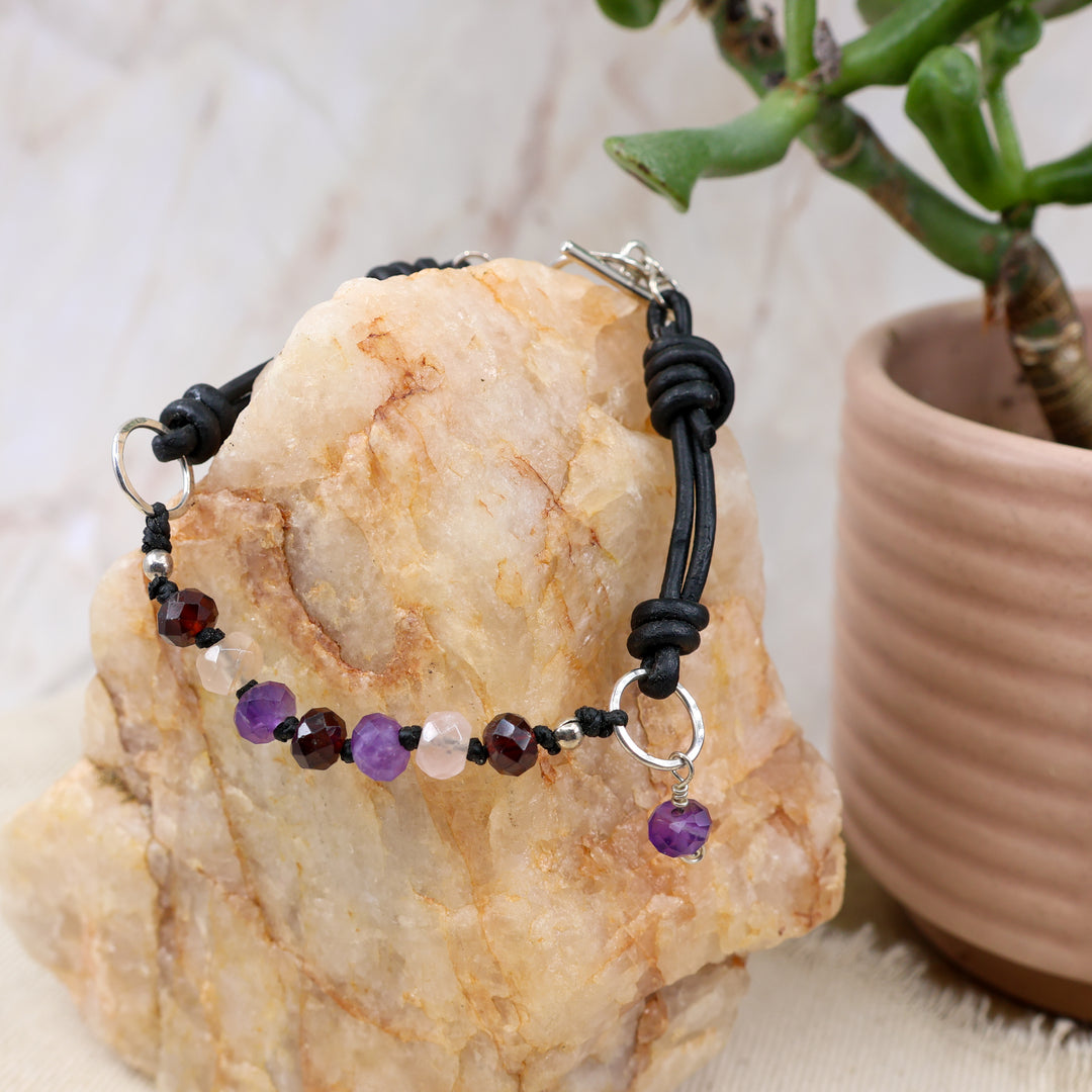 amethyst, garnet, rose quartz hand knotted beaded bracelet