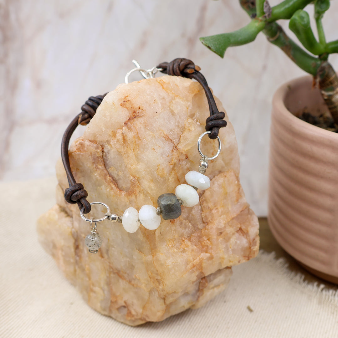 Labradorite & Moonstone Beaded Leather Bracelet