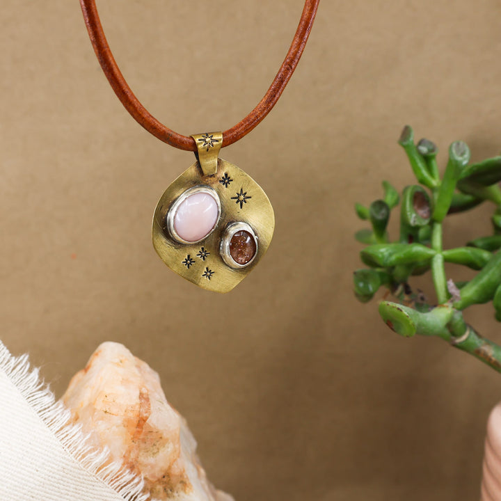 Pink Opal, Sunstone, Brass, Sterling Silver Necklace