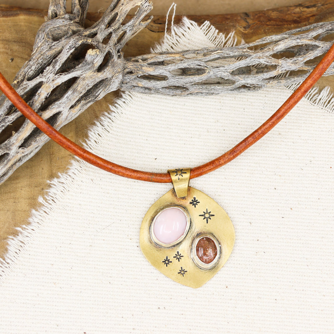 Pink Opal, Sunstone, Brass, Sterling Silver Necklace