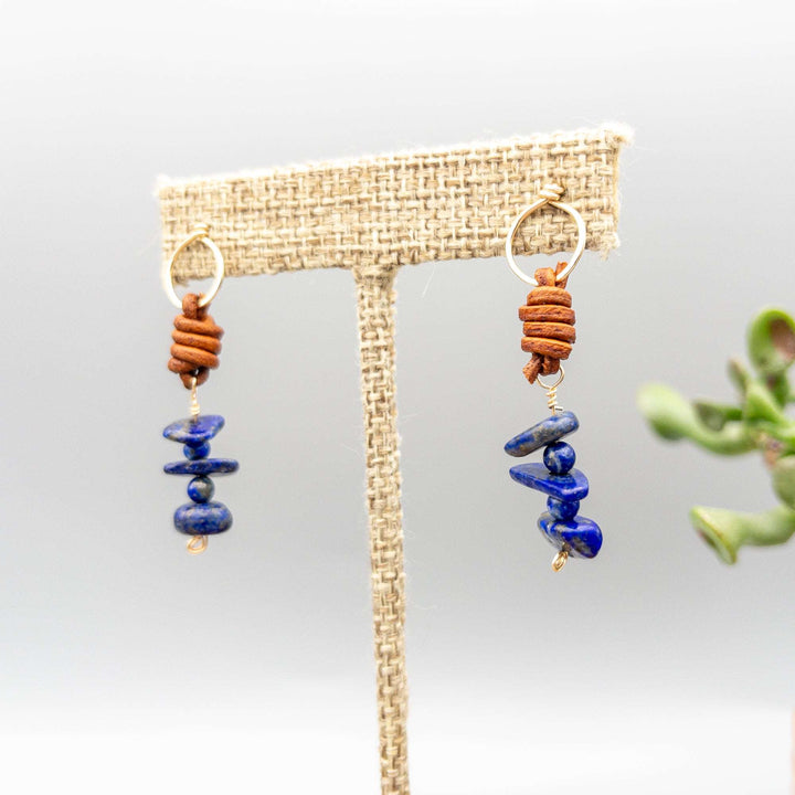 Lapis Lazuli drop earrings in 14k gold fill with natural leather