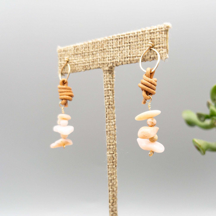pink opal, 14k gold fill, and leather drop earrings