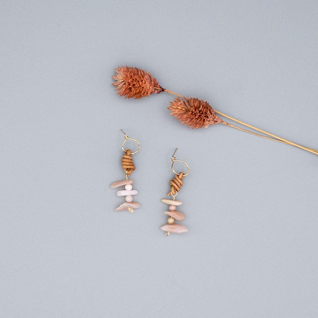 handmade pink opal, 14k gold fill, and leather drop earrings