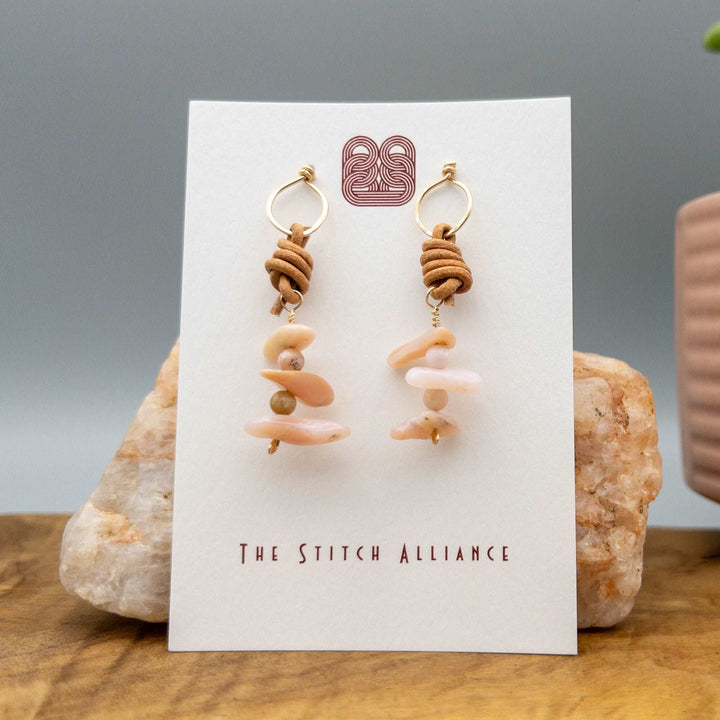 handcrafted pink opal, 14k gold fill, and leather drop earrings
