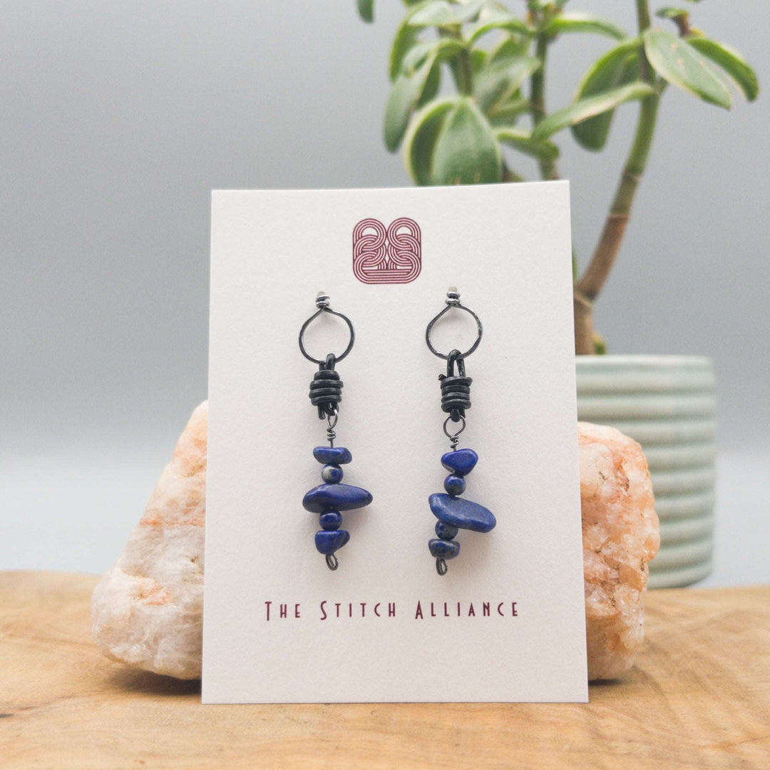 Lapis Lazuli drop earrings sterling silver with stacked beads