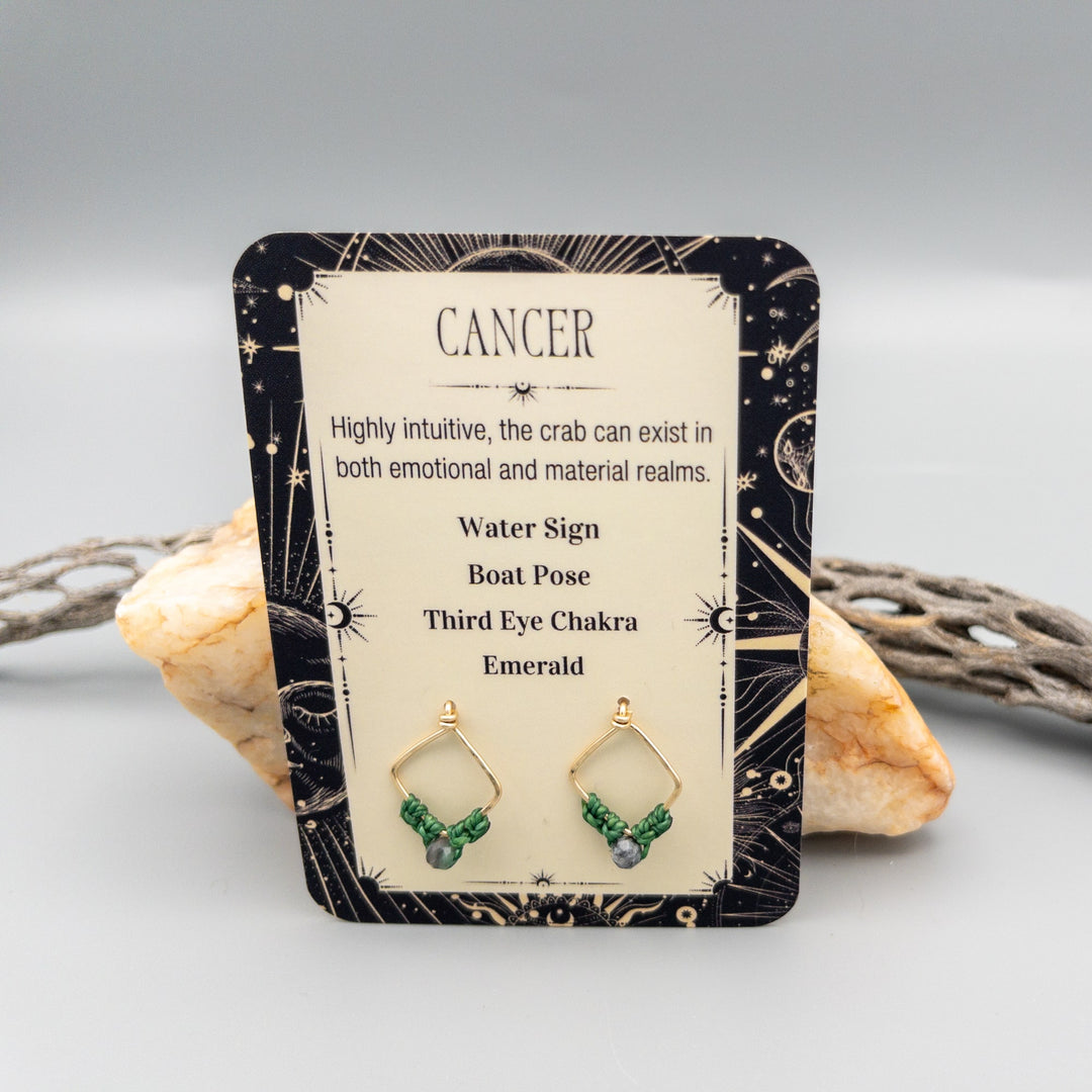 Cancer emerald gold filled macrame earrings on card