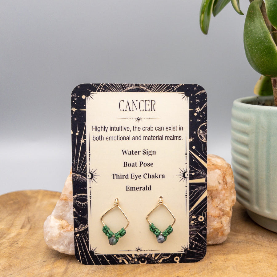 Cancer emerald gold filled macrame earrings on a gift card