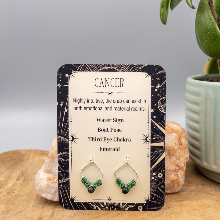 Cancer emerald sterling silver earrings on a gift card