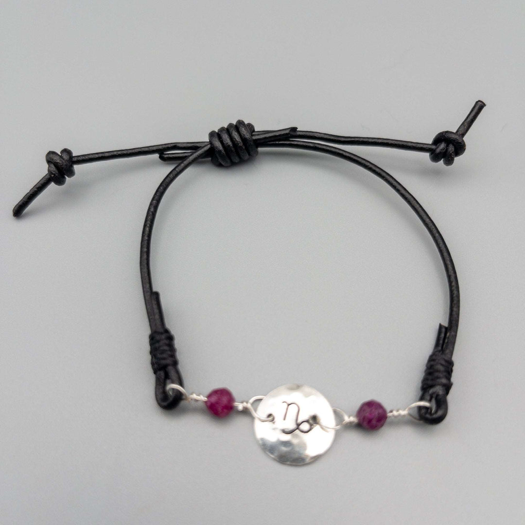 Capricorn Bracelet / Sterling Silver, Ruby, Leather