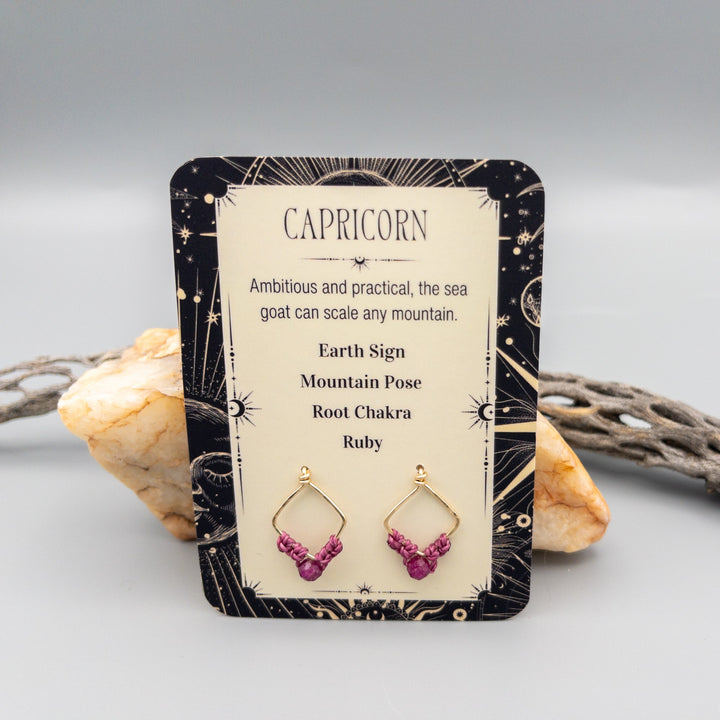 Capricorn ruby earrings gold filled on card