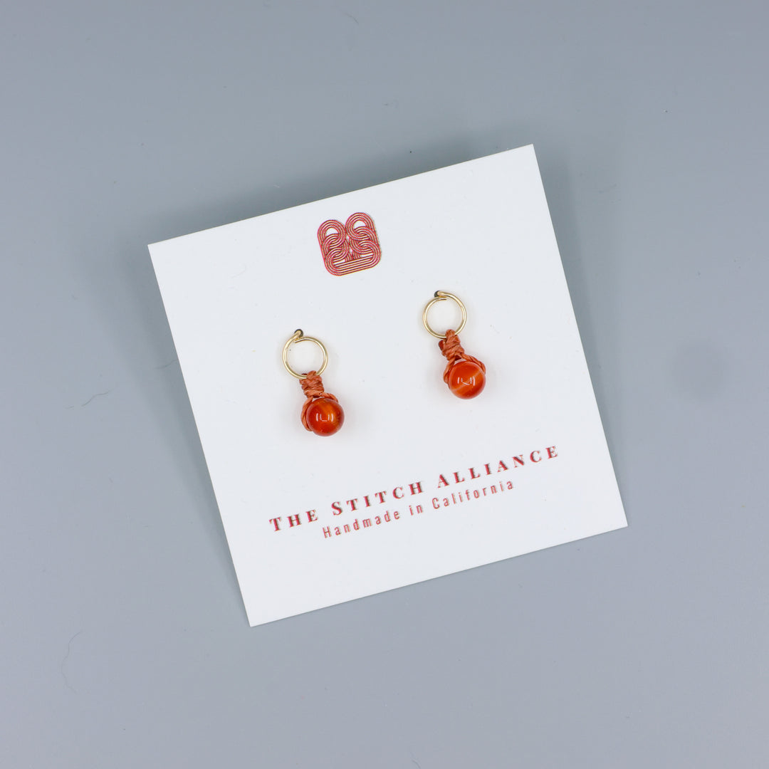 carneleian mini dangle earrings gold fill handmade on a white card