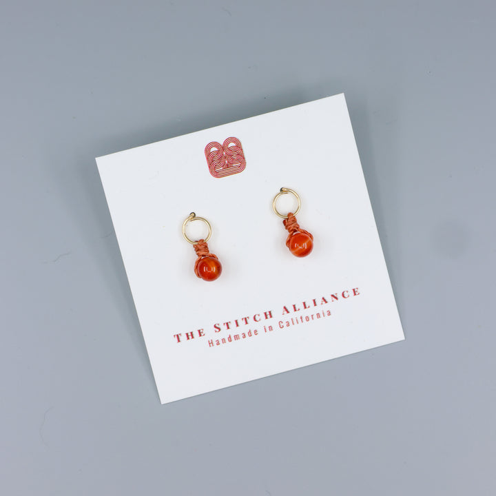 carneleian mini dangle earrings gold fill handmade on a white card