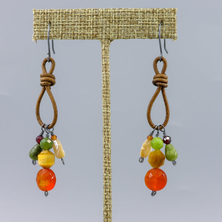 Charm Earrings, Carnelian & Jade - Oxidized Sterling