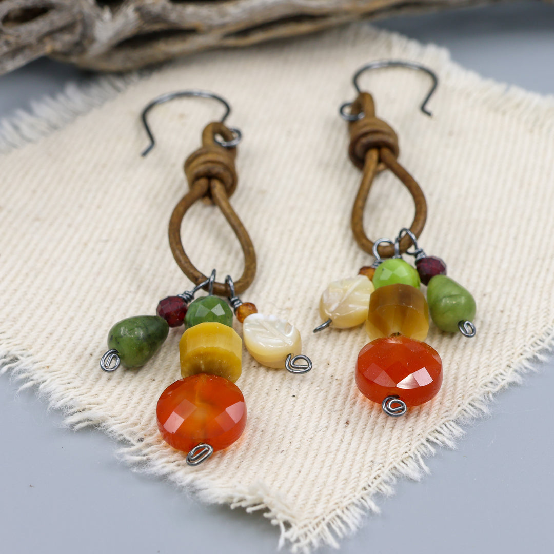 Charm Earrings, Carnelian & Jade - Oxidized Sterling