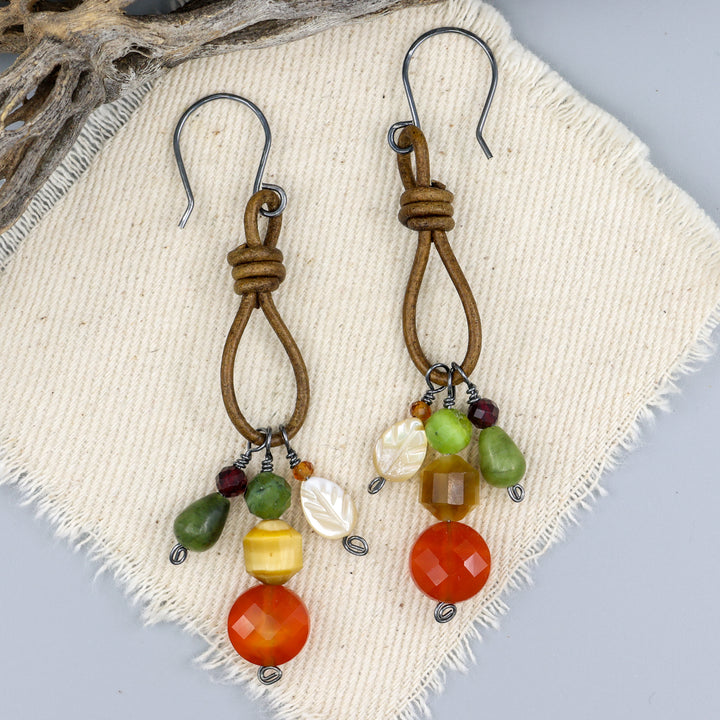 handmade gemstone charm earrings leather and oxidized sterling silver