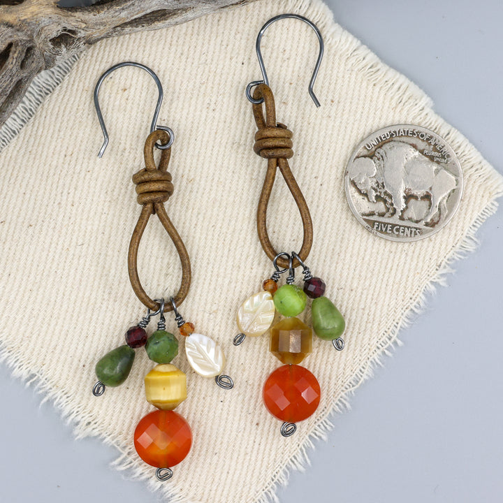 Charm Earrings, Carnelian & Jade - Oxidized Sterling