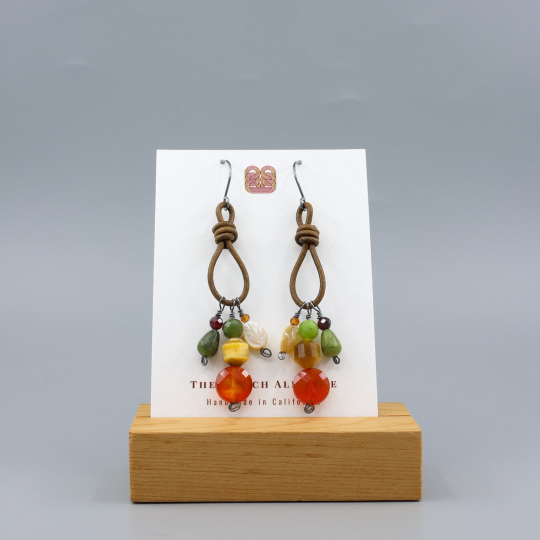 Charm Earrings, Carnelian & Jade - Oxidized Sterling