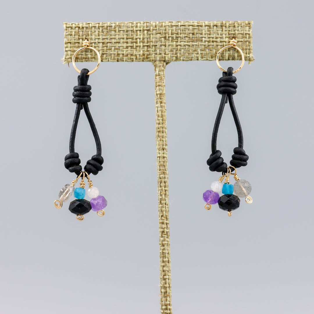 leather, gold fill, and gemstone charm earrings