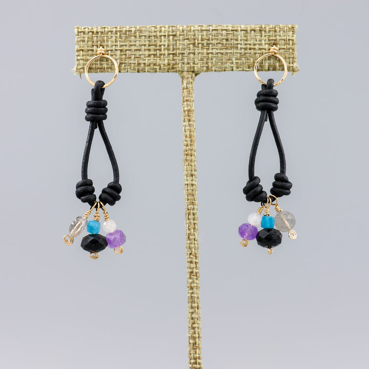 leather, gold fill, and gemstone charm earrings