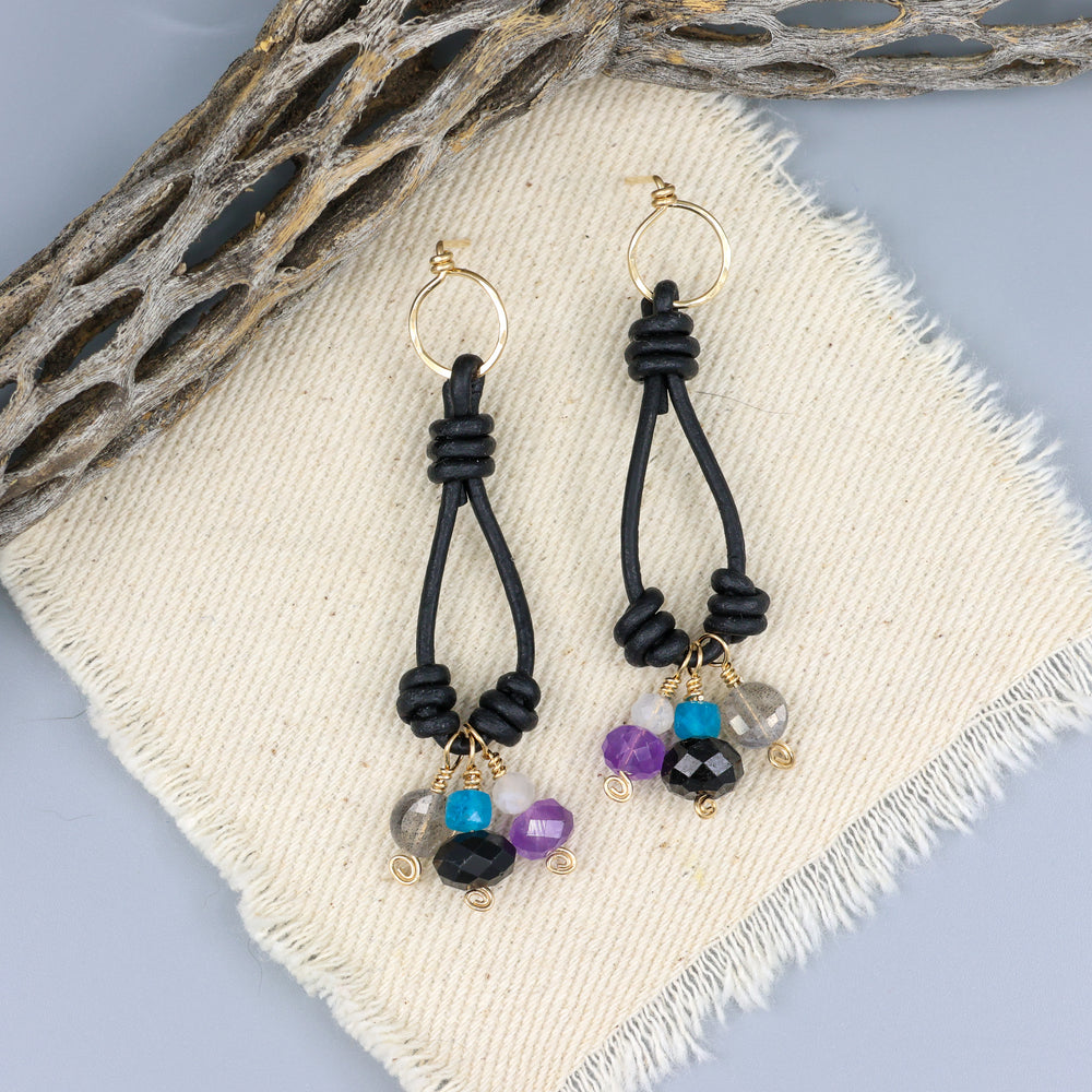 handmade leather, gold fill, and gemstone charm earrings