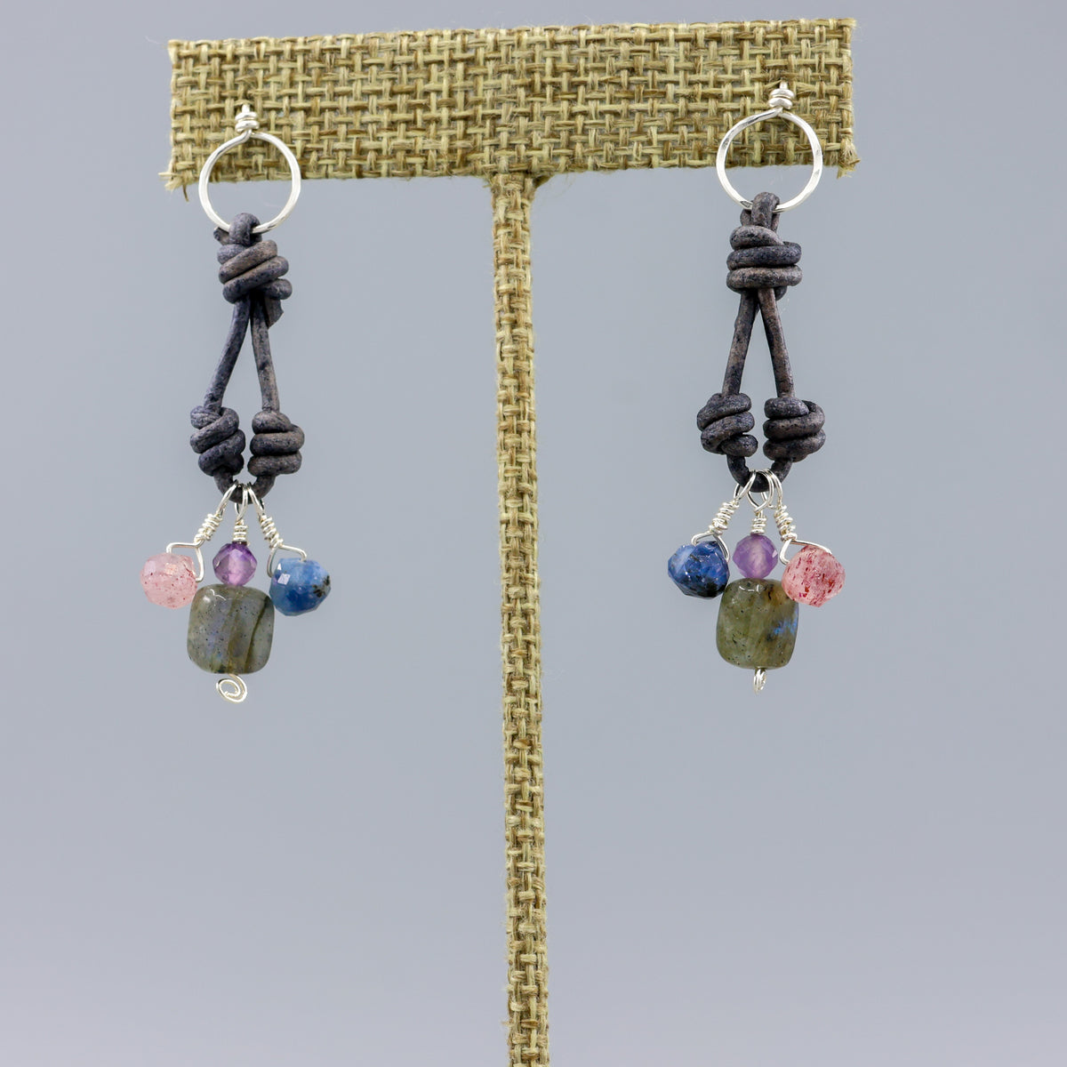 labradorite, kyanite, strawberry quartz, and amethyst charm earrings - sterling silver. 