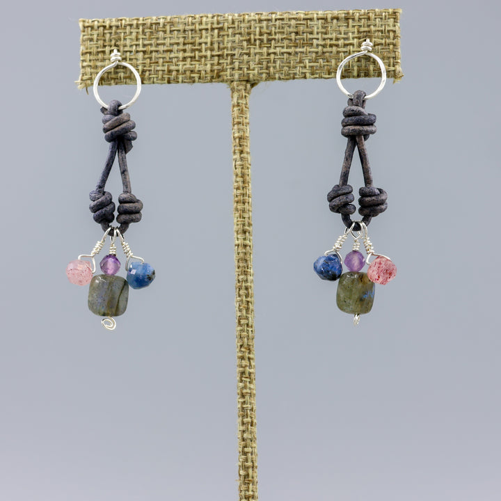 labradorite, kyanite, strawberry quartz, and amethyst charm earrings - sterling silver. 