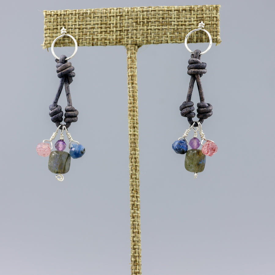 labradorite, kyanite, strawberry quartz, and amethyst charm earrings - sterling silver. 