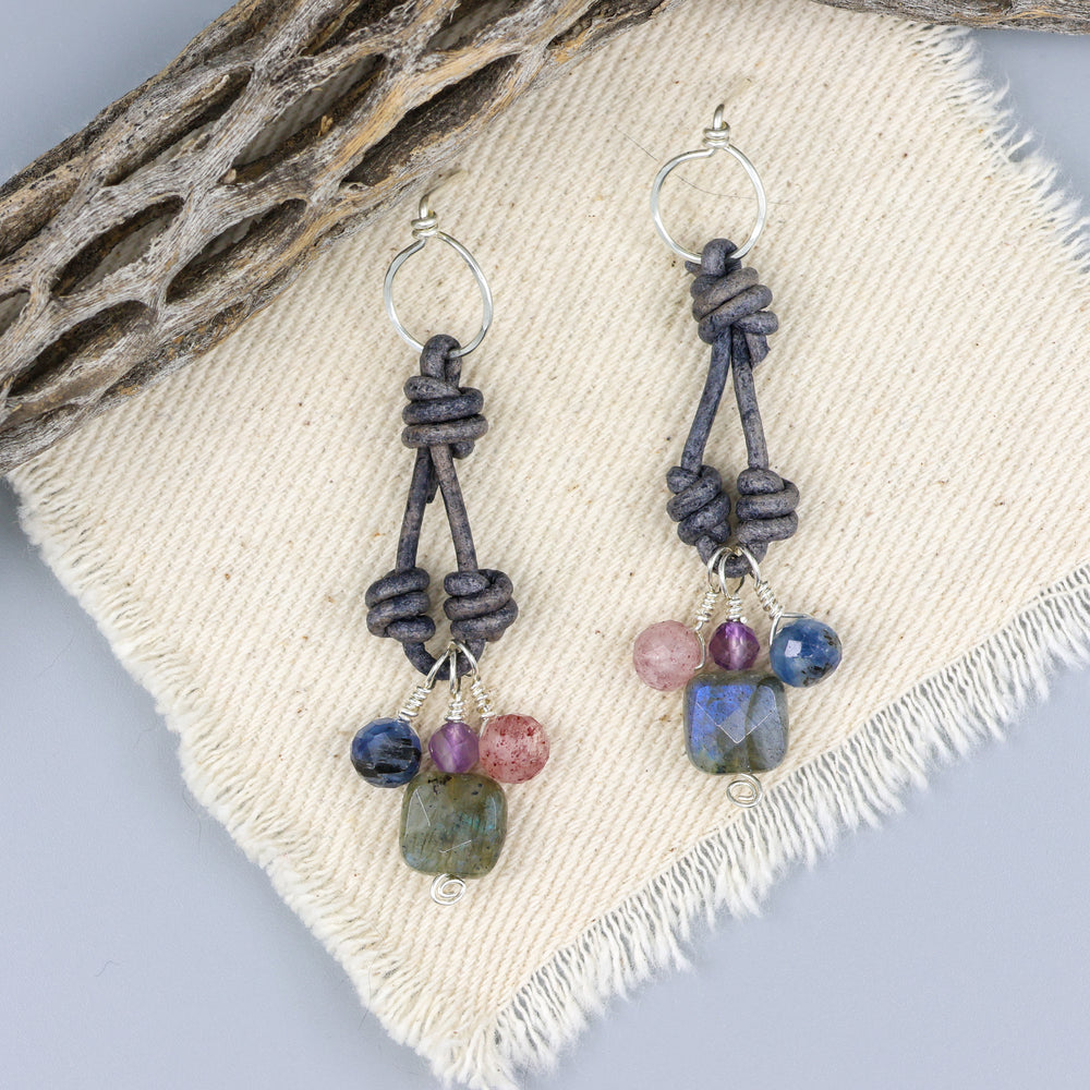 handmade labradorite, kyanite, strawberry quartz, and amethyst charm earrings - sterling silver. 