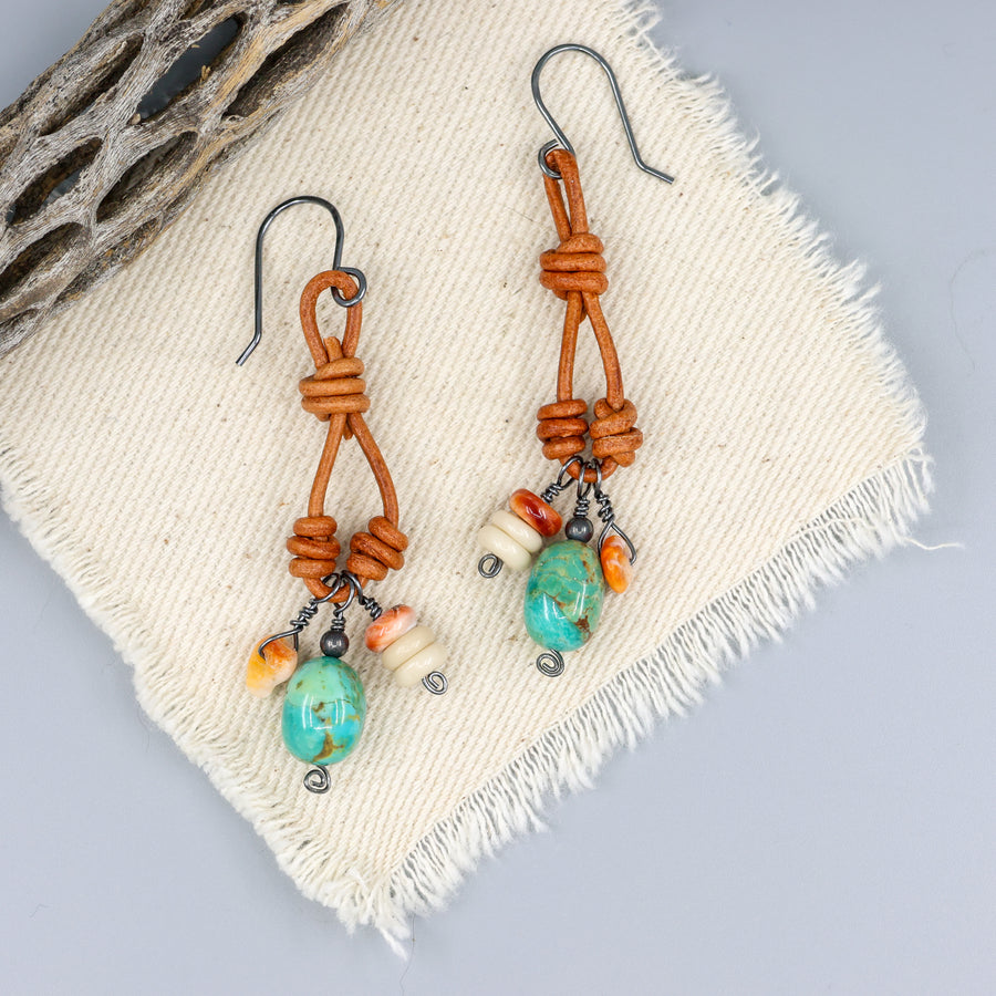 handmade turquoise, spiny oyster, leather, oxidized sterling silver charm earrings