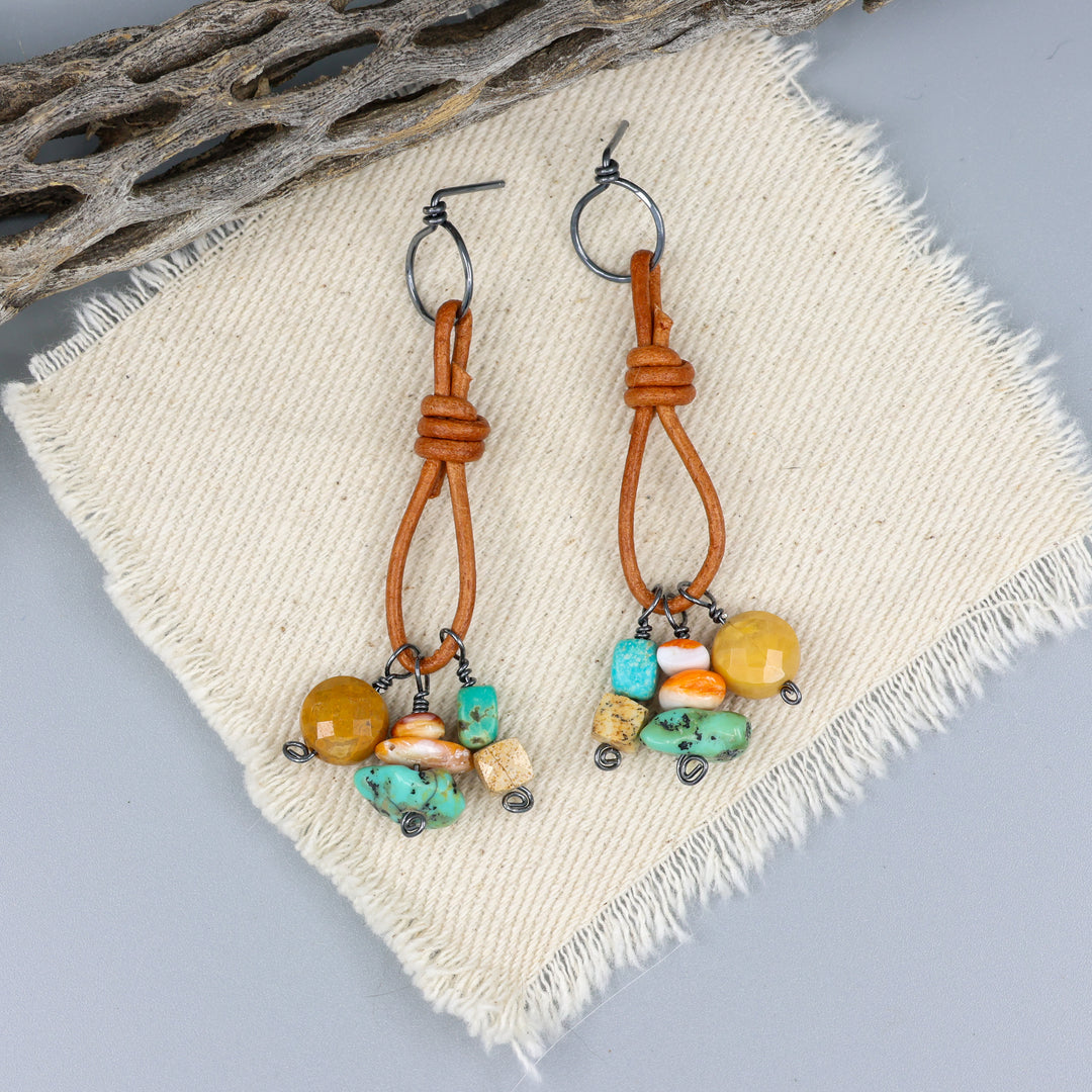 handmade turquoise, jasper, agate, and spiny oyster leather and oxidized sterling silver earrings