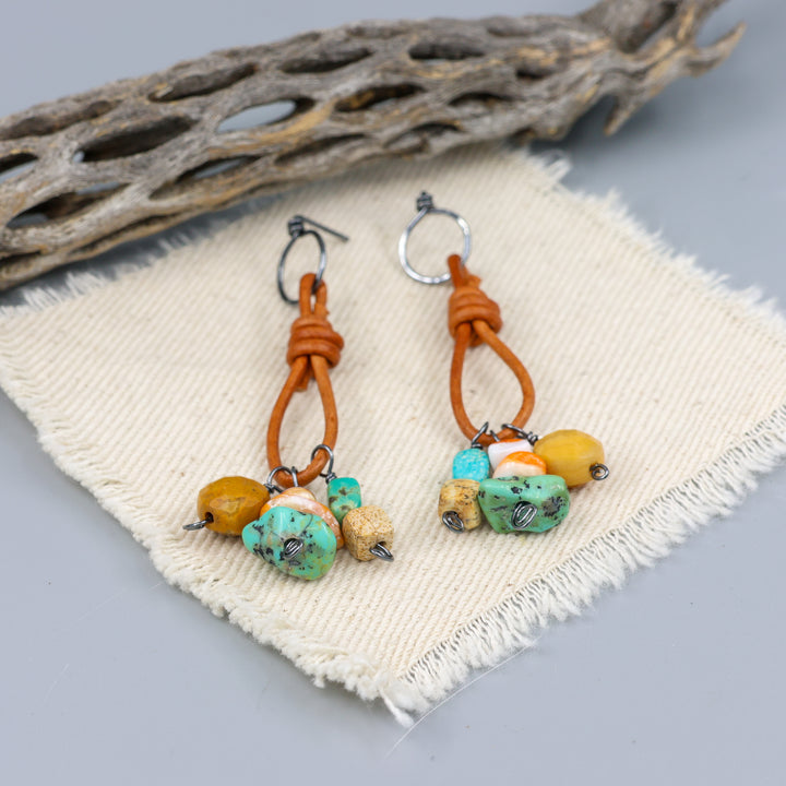 Charm Earrings, Turquoise & Jasper - Oxidized Sterling