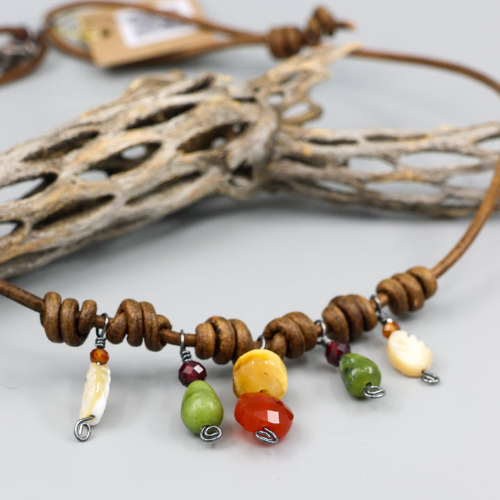 Leather & Gemstone Charm Necklace, Autumn