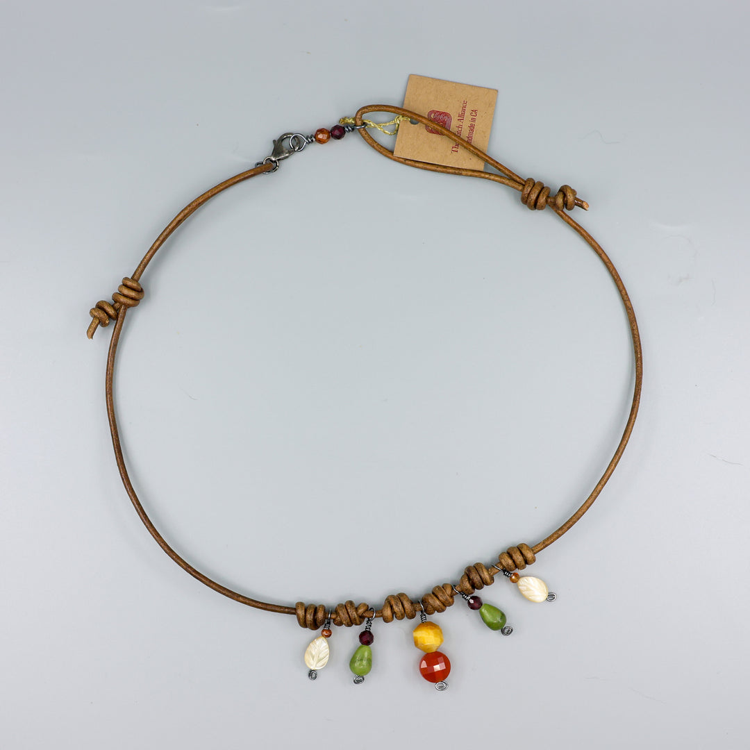 Leather & Gemstone Charm Necklace, Autumn