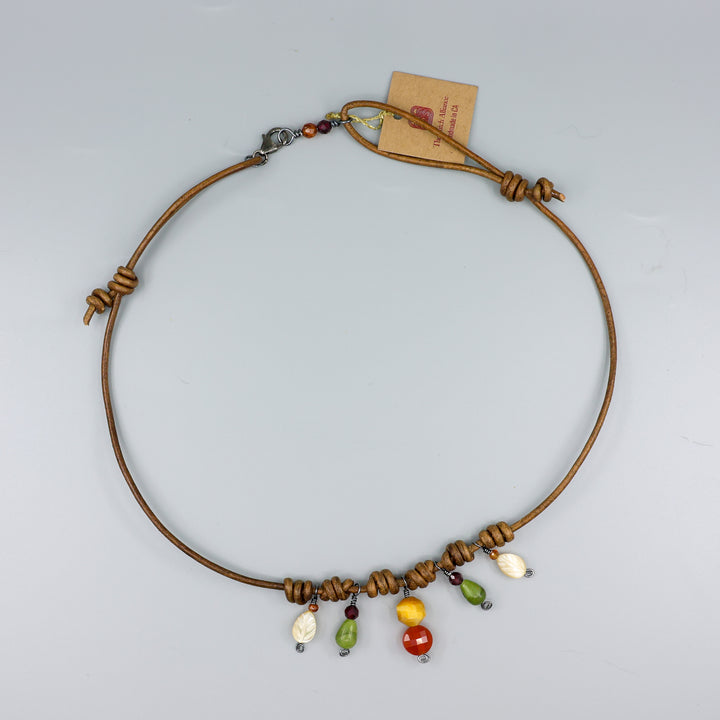 Leather & Gemstone Charm Necklace, Autumn