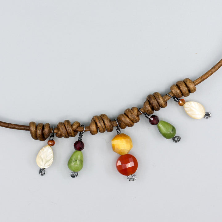 Leather & Gemstone Charm Necklace, Autumn