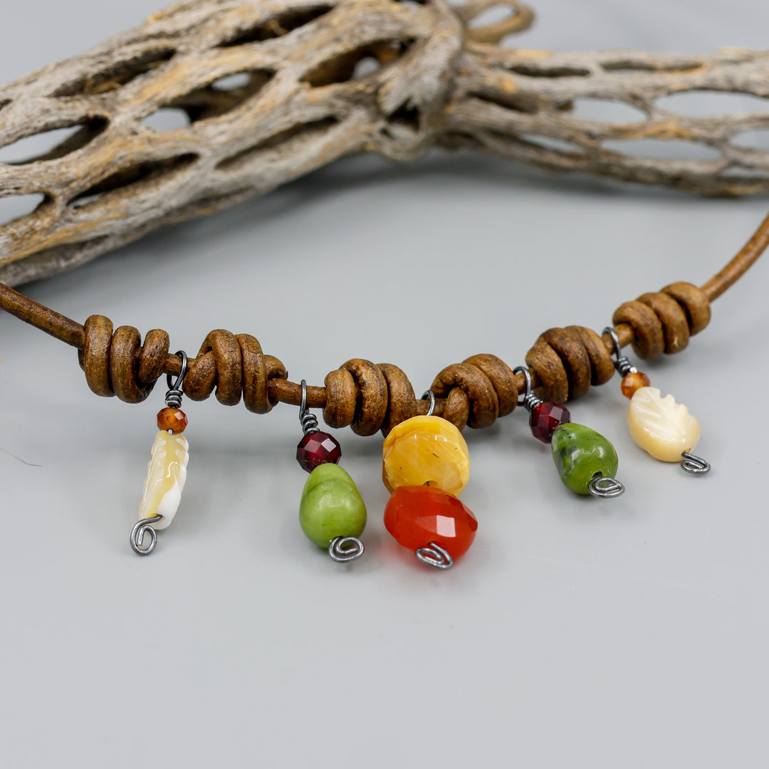 Leather & Gemstone Charm Necklace, Autumn
