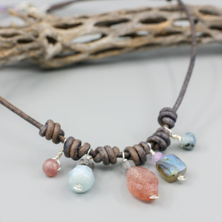 leather and night sky inspired gemstone necklaces
